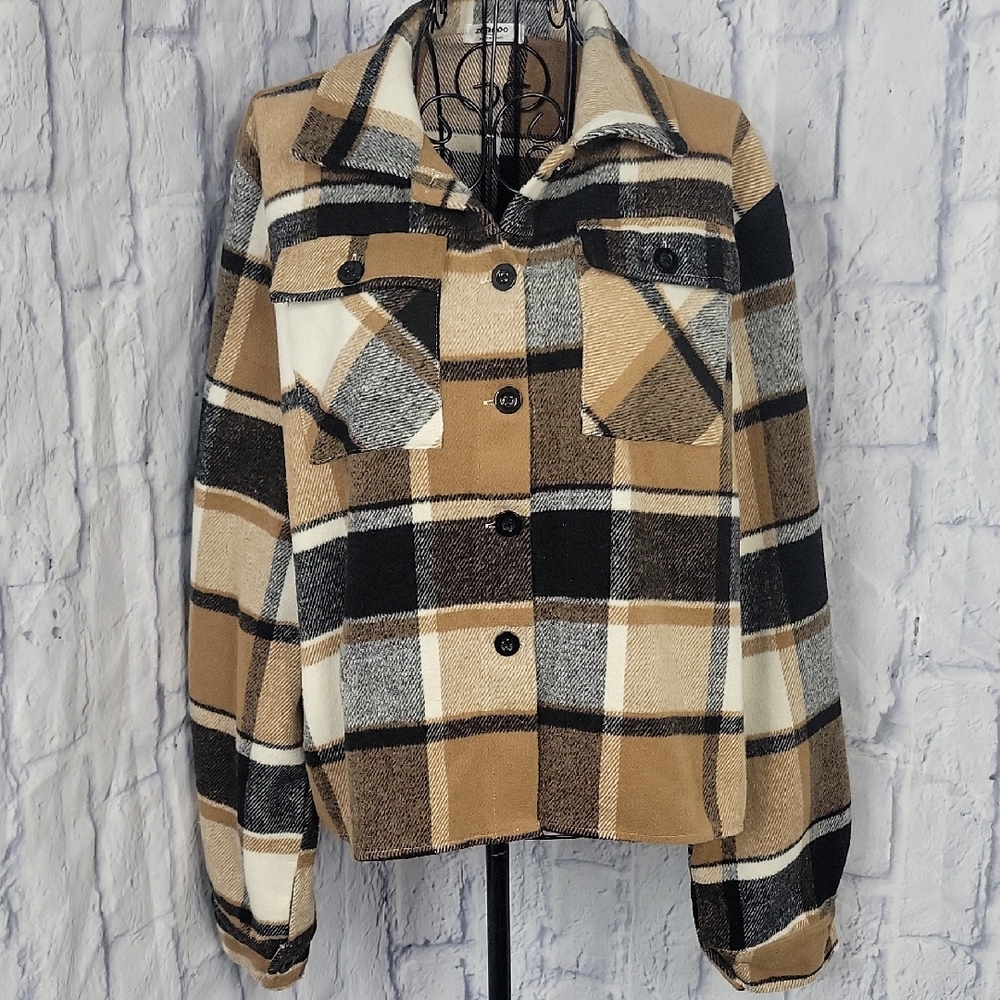 Zeagoo Plaid Button Front Black/Tan‎ Shacket Large Women's